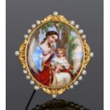 Fine Swiss enamel brooch, the polychrome enamel panel with a mother and child among trees and a