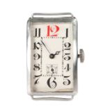 Art Deco gentleman's oversized wristwatch, the silvered rectangular dial with black Arabic hours and