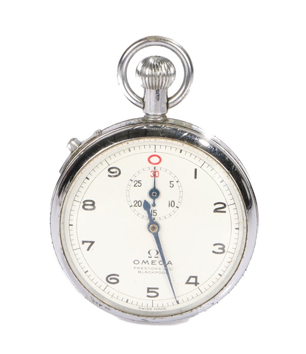 Omega stopwatch, the signed white dial with Arabic numerals, subsidiary minutes dial and retailers