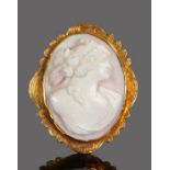 9 carat gold mounted cameo brooch, carved deeply as a lady set to the gold mount, 45mm high