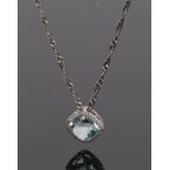 14 carat white gold diamond and aquamarine pendant necklace, the square facetted aquamarine with a