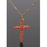 18 carat gold and ruby set cross pendant necklace, the cross set with forty-eight round cut rubies