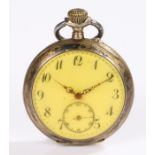 Silver open face pocket watch, with Arabic hours to the dial