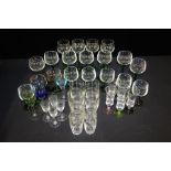 Collection of stemmed glassware, the majority with coloured bowls and stems (qty)