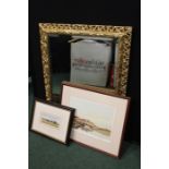 Wall mirror, together with two prints, (3)