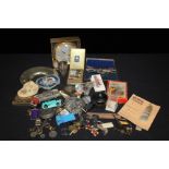 Collection of objects, to include cards, an instrument box, a Smiths clock, toy car dish, etc, (
