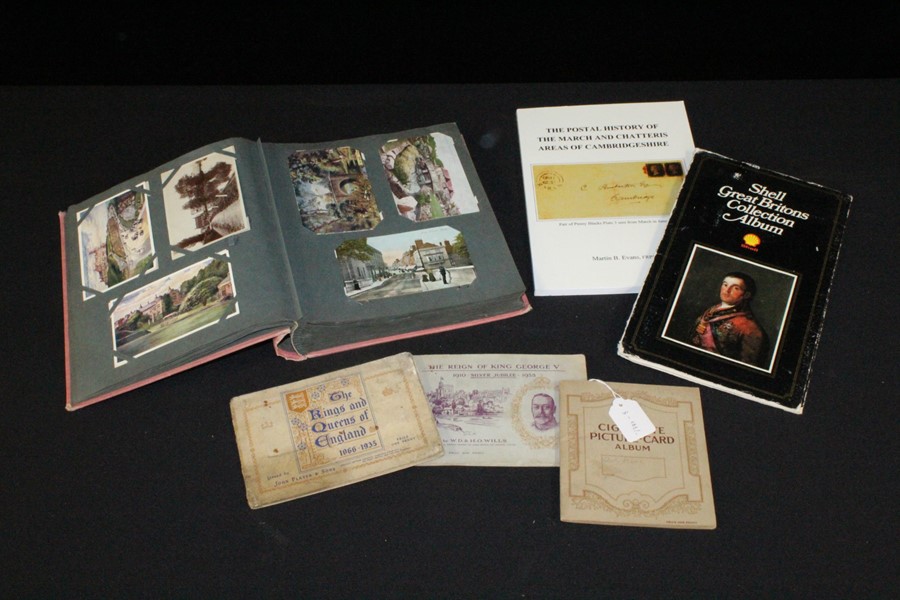 Postcard album and loose postcards, three Will's and John Player & Sons cigarette card albums, Shell