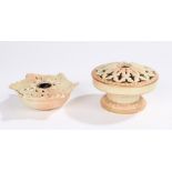 Two Locke and Co Worcester blush ivory pot-pourri dishes, one of pedestal form with raised leaf