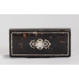 19th Century papier-mache snuff box, with tortoiseshell effect lid, white metal inlaid, 9.5cm wide