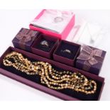 Silver jewellery, to include tanzanite rings, pearl necklace, pink sapphire ring, (5)