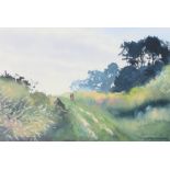 Godfrey Sayers, two figures on a rural footpath, signed watercolour, housed in a white painted and