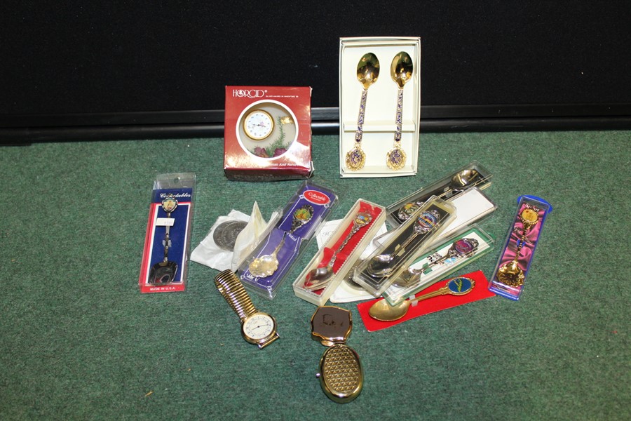 U.K. coins, souvenir teaspoons, citizen watch, pill pots etc. (qty)