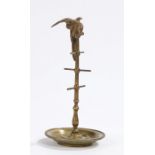 19th Century bronze novelty ring tree, depicted as a perch with parrot, with dished base, 20cm high