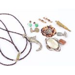 Jewellery, to include a necklace, two pairs of earrings, a shell pendant, a brooch, cufflinks,