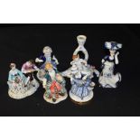 Six porcelain figural groups, to include a Unter Weise Bach pair, a courting couple, a