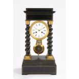 19th Century French portico clock, of architectural form with gadrooned pediment above barley