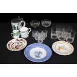 Decorative china and glass, to include tankard with pewter cover, Buckingham Palace cup, wall