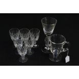 Air twist glass, of large proportions, together with a twin handled cup and a set of six wine