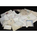 Collection of vintage lace, linen, damask and Madeira work (qty)