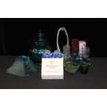 Decorative glassware to include two boxed sets of four Royal Doulton napkin rings, blue glass bowl