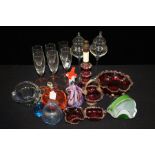 Decorative coloured glass, to include a Murano style horses head, ruby and clear glass lamp,