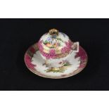 Dresden porcelain chocolate cup, cover and saucer, with pierced tied ribbon finial above puce and