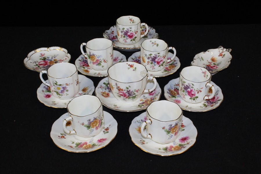 Royal Crown Derby "Derby Posies" porcelain, to include seven coffee cups and six saucers, a tea