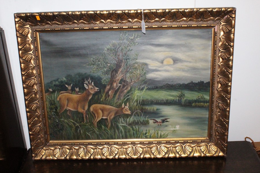 20th Century school, deer by moonlight, unsigned oil on canvas, 65cm x 45cm