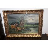 20th Century school, deer by moonlight, unsigned oil on canvas, 65cm x 45cm