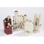 19th Century Staffordshire pottery. to include The sleeping Judge and Clerk, a Preacher, a spill