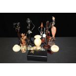 Collection of objects, to include African style figures, onyx pieces, a Japanese box an elephant