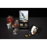 Hips flasks, Jack Daniels, and others, together with The Ted Blaylock watch and knife set, (qty)