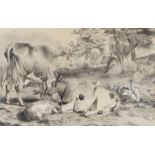 Alfred Bates, cows in a landscape, signed pencil and chalk, housed in a gilt glazed frame, the