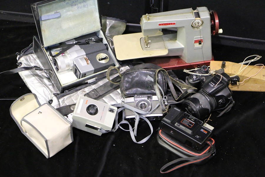 Cameras and accessories, to include Hitachi portable video cassette recorder, Sankyo video camera,