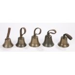 Set of five brass campanology hand bells, with leather straps (5)