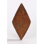 Rare early 18th Century Funeral biscuit mould, the diamond shaped mould with a figure below crosses,