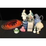 Decorative china and glass, to include Rye pottery dish and cover, porcelain figures, money banks,