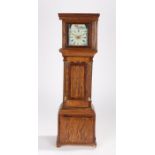 Oak cased miniature longcase clock, the square hood above a shaped trunk door and quarter columns