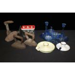 Collection of objects, to include a blue glass tray with candlesticks, jar, etc, together with