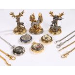 Collection of three pocket watch stands, together with four pocket watches, (7)