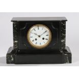 Victorian black slate mantel clock, the rectangular case above a plinth base, with a white enamel