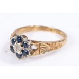 9 carat gold ring, set with sapphires to form a flower head, 3.5 grams, ring size O