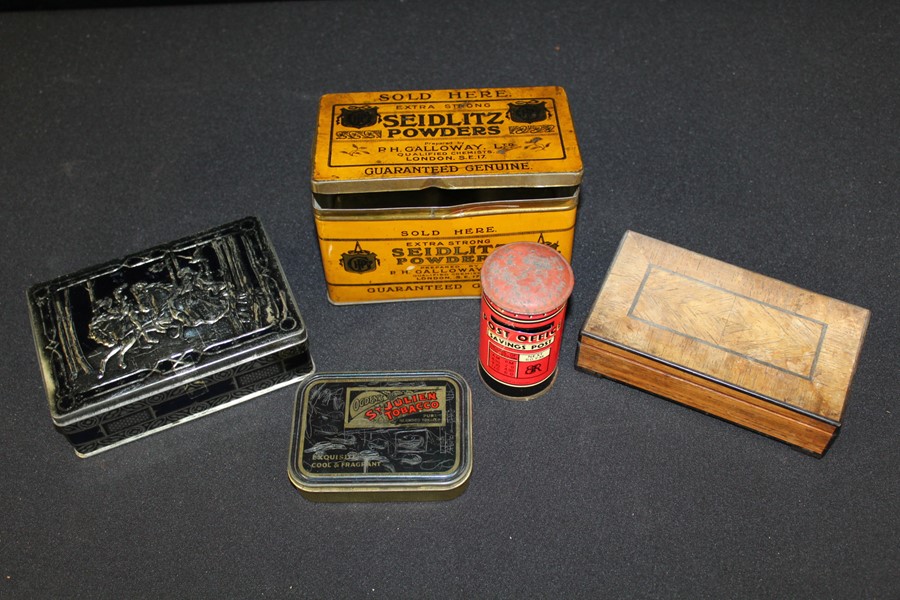 Collection of advertising tins, together with a Post Office post box money bank and a rosewood