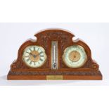 Late Victorian combination clock, barometer and thermometer, housed in a shaped scroll and foliate