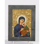 Studio Del Mosaico mosaic panel, with an image of Madonna and child, label to reverse for Studio Del