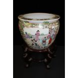 19th century style Chinese jardiniere, with foliate decoration surrounding cartouches decorated with