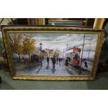 Large oil on canvas by the artist Jan Wasilewski of a Tram scene, 89.5 cm x 49 cm.(after the