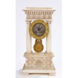 19th Century alabaster portico clock, the dentil pediment above four columns, the silvered dial with