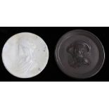 Porcelain roundel depicting Rubens, 8.5cm diameter, white porcelain roundel with depiction of a lady