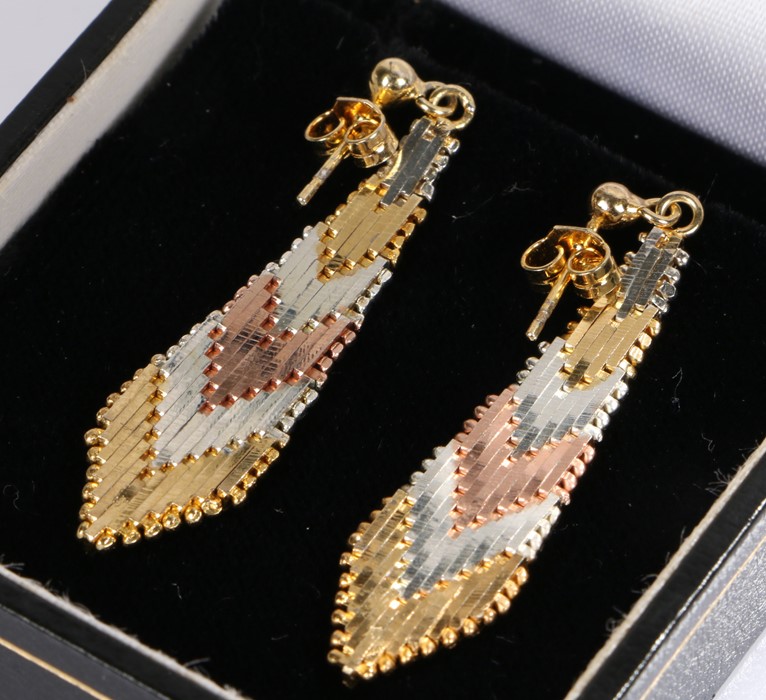 Pair of multi coloured gold coloured drops, of tapered form, 7.8 grams